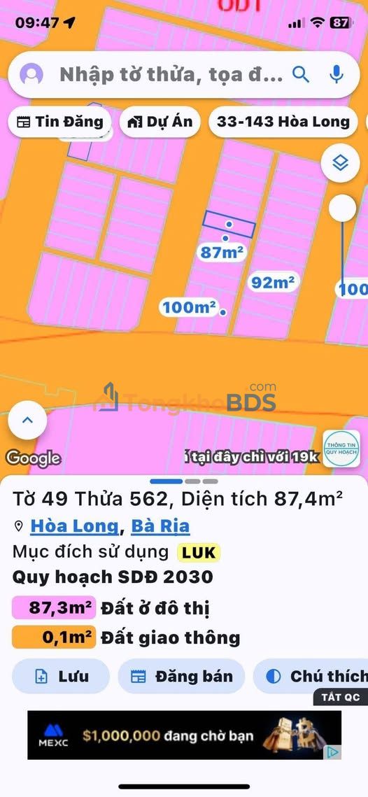 Đất nền Long Tâm Bà Rịa 87m² 750 triệu - Sổ đỏ chính chủ