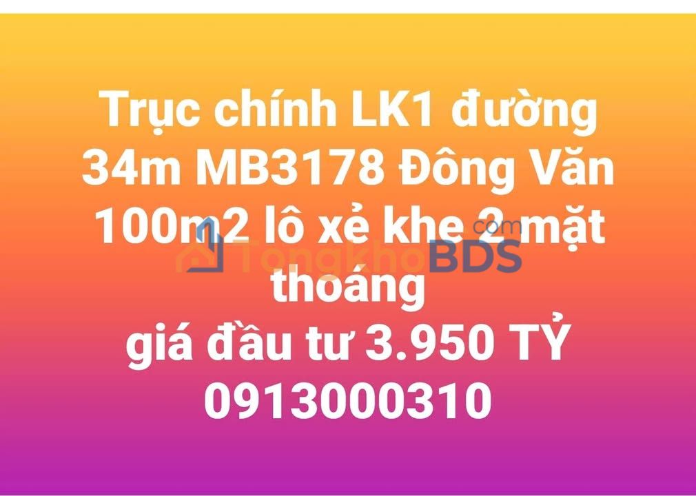 Đất nền Đông Văn - Thanh Hóa 100m² - Lô xẻ khe 2 mặt thoáng giá đầu tư 3.95 tỷ