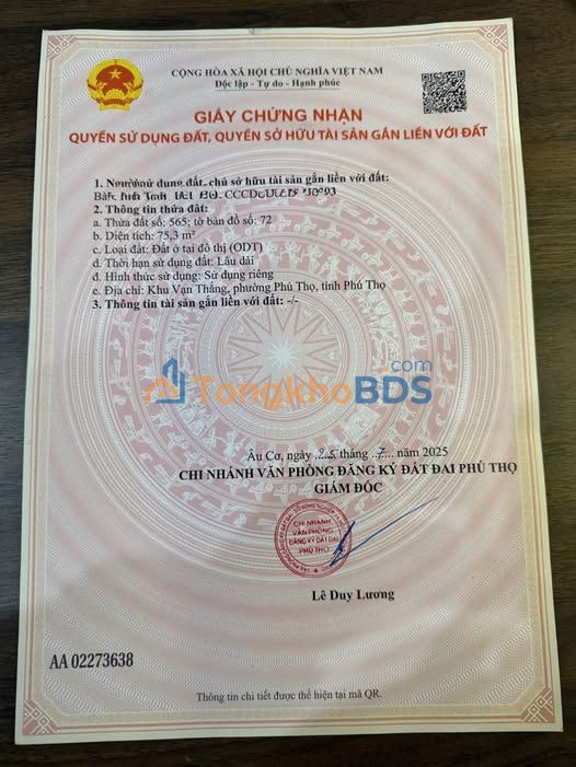 Đất nền Phú Thọ 75m² full thổ cư - Trung tâm phường, giá chỉ 800 triệu