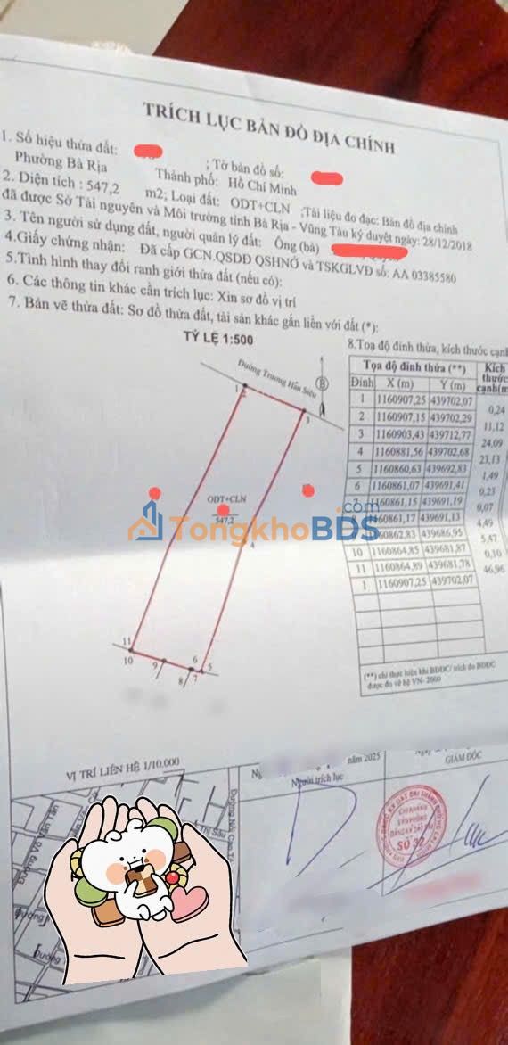 Đất nền Trương Hán Siêu Bà Rịa 547m² 8.2 tỷ - Sổ đỏ
