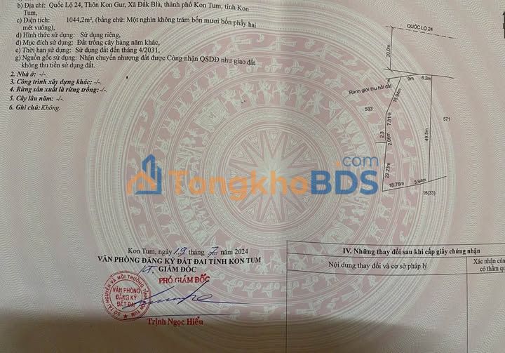 Bán Đất Mặt Tiền QL 24m, Kon Tum - 750m², Giá 1.4 Tỷ