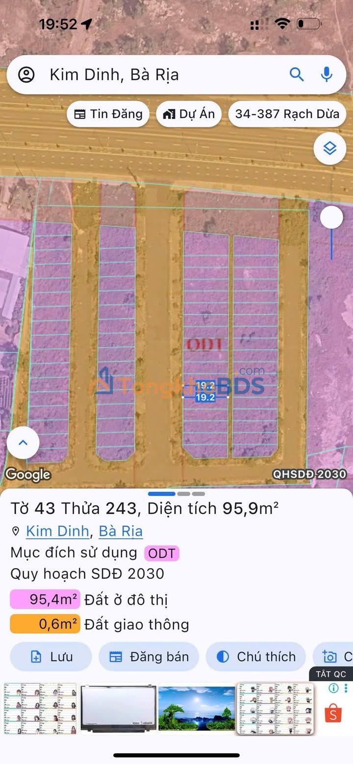 Đất nền Phường Kim Dinh Bà Rịa 95,9m² 1,55 tỷ - Đất thổ cư 100%
