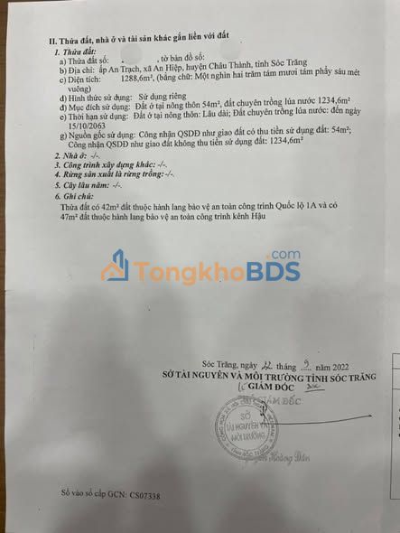 Đất mặt tiền QL1A Mỹ Xuyên 54m² 190 triệu/m - Đường to ô tô