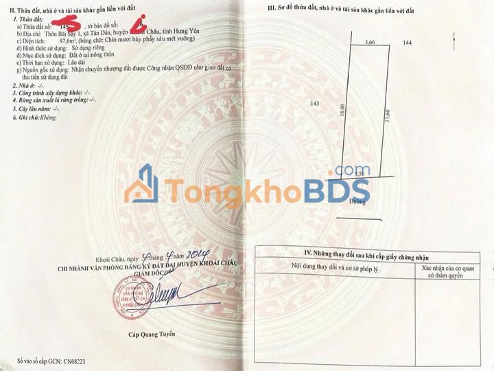 Đất thổ cư Tân Dân Khoái Châu 97m² 2,7 tỷ - Sổ đỏ chính chủ