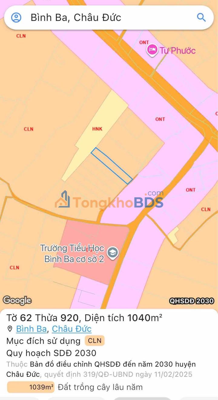 Đất vườn Bình Ba Châu Đức 1.000m² 939tr - Sổ hồng rõ ràng