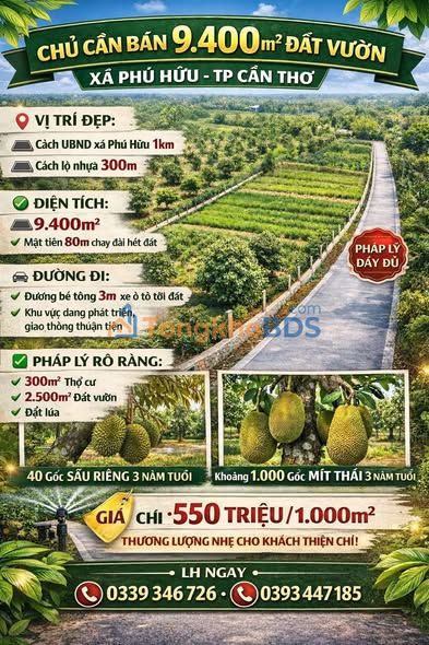 Đất vườn Phú Hữu 9.400m² giá 5,17 tỷ – Sổ đỏ chính chủ