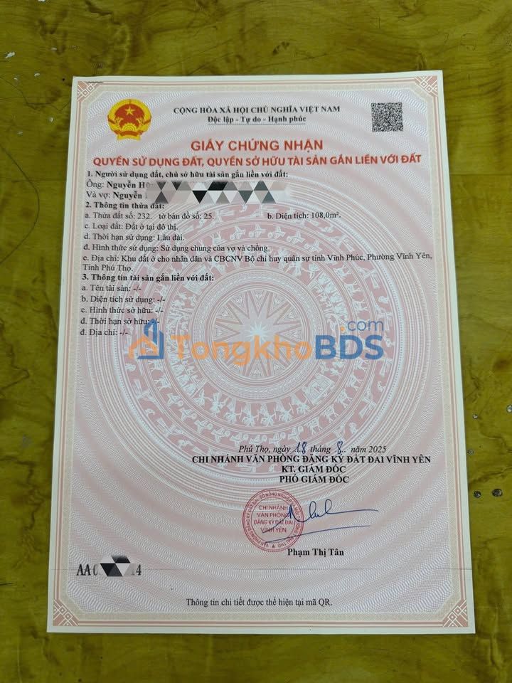 Đất nền Vĩnh Yên Tích Sơn 108m² 3.024 tỷ - Sổ đỏ chính chủ