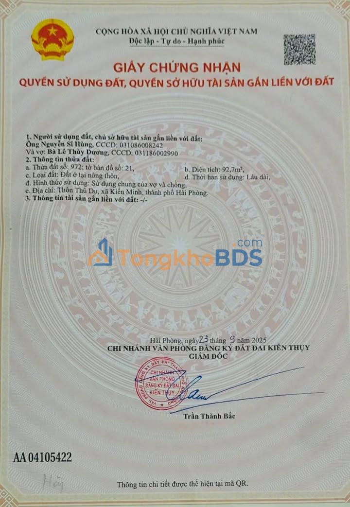 Đất thổ cư Minh Tân 93m² 1 tỷ - Sổ đỏ chính chủ