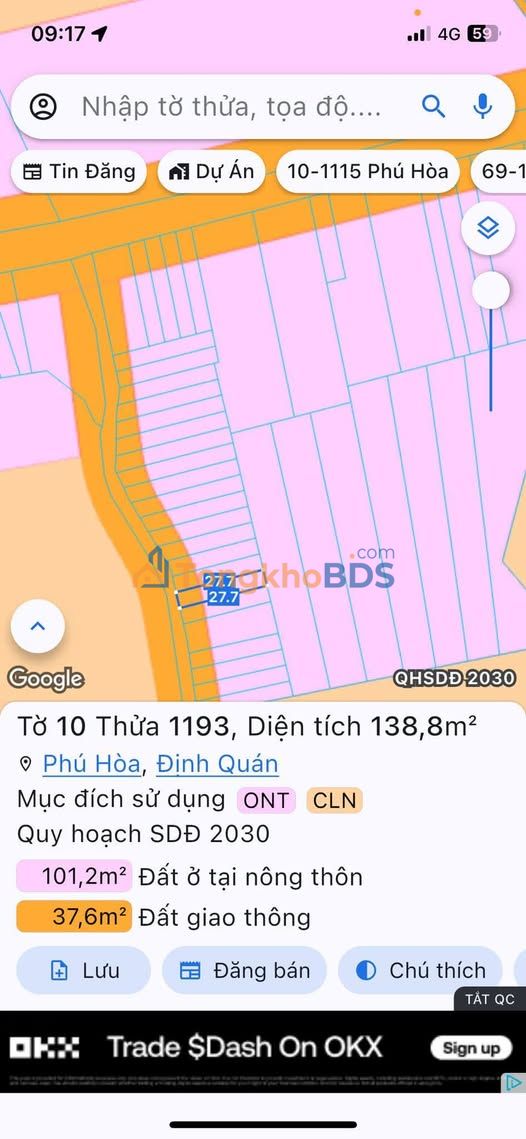 Đất Phú Hòa Định Quán 138m² giá 590 triệu - Sổ đỏ chính chủ