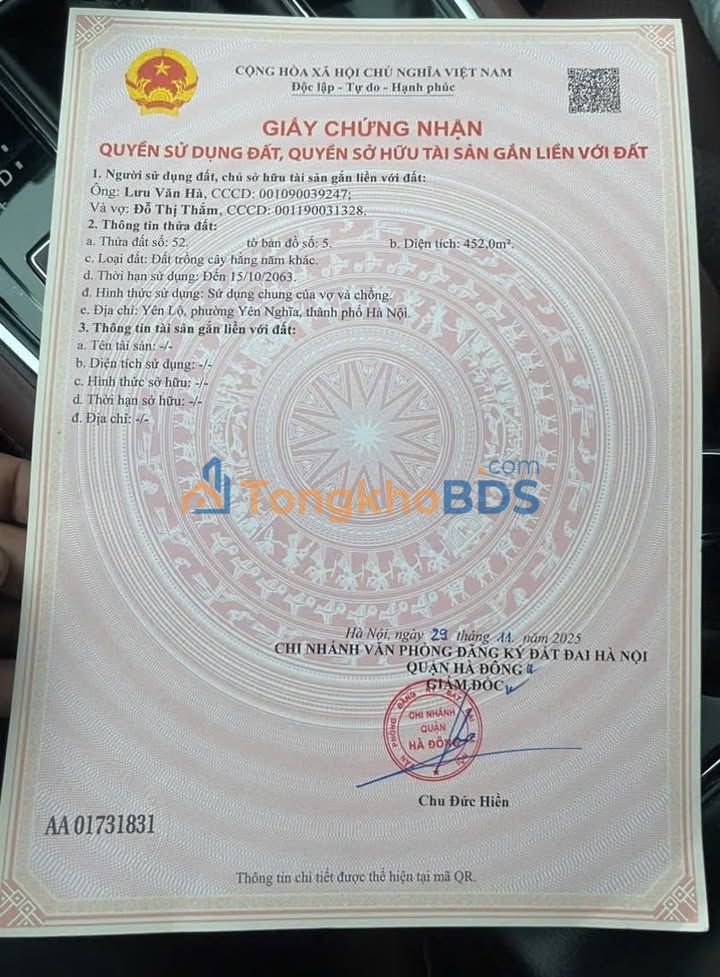 Đất nền Yên Nghĩa Hà Đông 1017m² 3,5 tỷ - Sổ đỏ