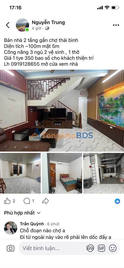 Nhà 2 Tầng 100m² Gần Chợ Thái Bình, Hòa Bình - Giá 1.35 Tỷ