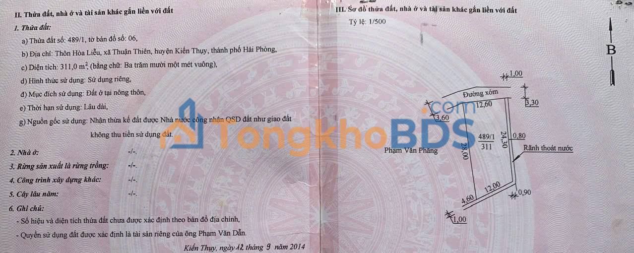 Đất nền Thôn Hoà Liễu Kiến Hưng 311m² 3.11 tỷ - Đường to ô tô