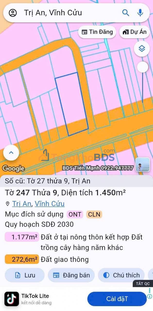 Đất nền Trị An Đồng Nai 540m² 8,2 tỷ - Sổ đỏ chính chủ