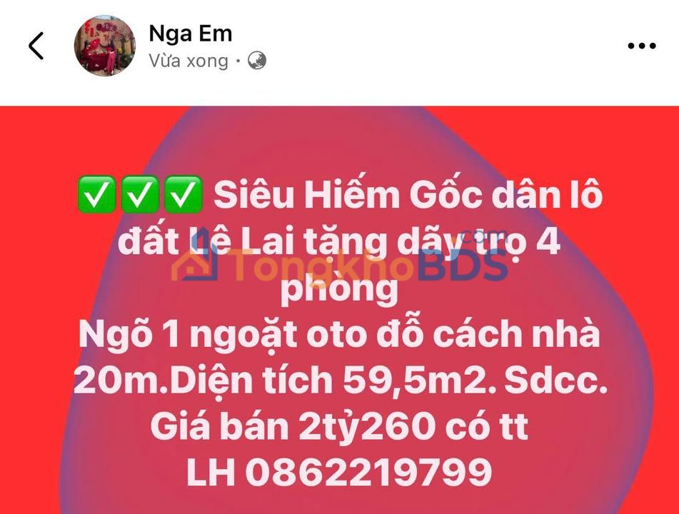 Đất nền Ngõ 1 Lê Lai 60m² 2.26 tỷ - Sổ đỏ chính chủ