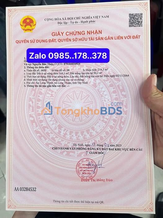 Đất Long Thuận Bến Cầu 219m² 345 triệu - Sổ đỏ chính chủ