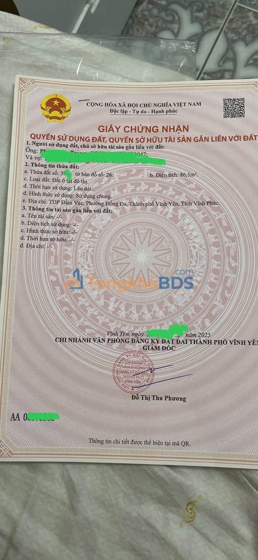 Đất nền Đường Đầm Vạc Vĩnh Yên 86m² 3.6 tỷ - Sổ đỏ chính chủ