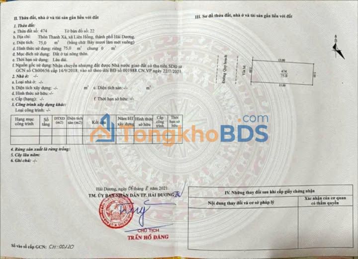 Bán Đất Đấu Giá Liên Hồng, Hải Dương 75m² - Sổ Đỏ Vuông Vắn, Ô Tô Tránh