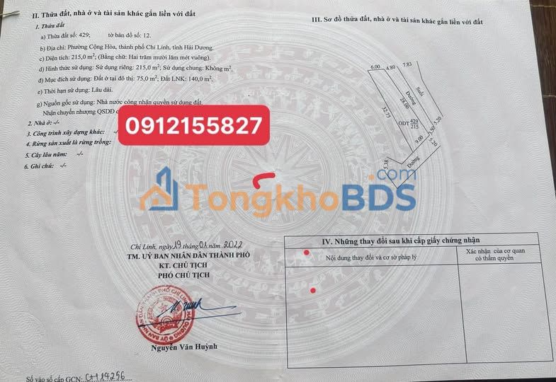 Đất thổ cư Chí Linh 215m² 1.1 tỷ - Sổ đỏ chính chủ