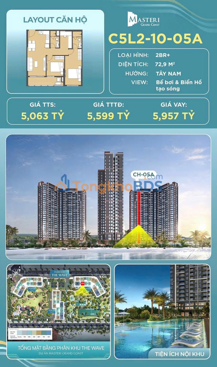 Căn hộ Masterise Grand Coast Đông Hội 73m² 5,063 tỷ - View hồ đẹp