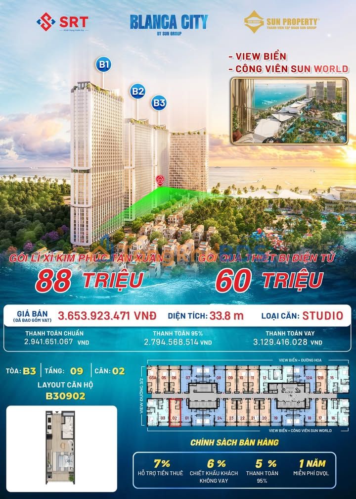 Căn hộ Studio Blanca City Vũng Tàu 34.8m² - View Biển & Sun World