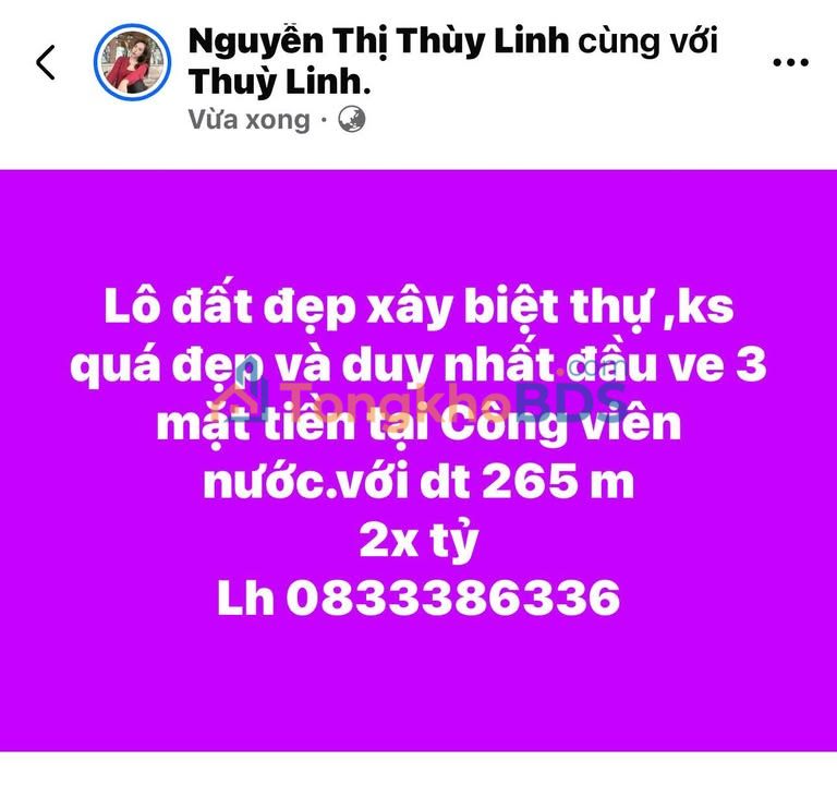 Đất nền 265m² mặt tiền Công viên nước Tổng, Thanh Hóa - Giá 2.7 tỷ
