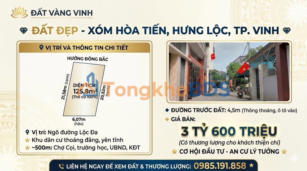 Đất Hưng Lộc Vinh 125.8m² 3.6 tỷ - Sổ đỏ chính chủ