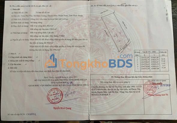 Đất thổ cư Hàm Cường 438m² 950 triệu - Đường ô tô