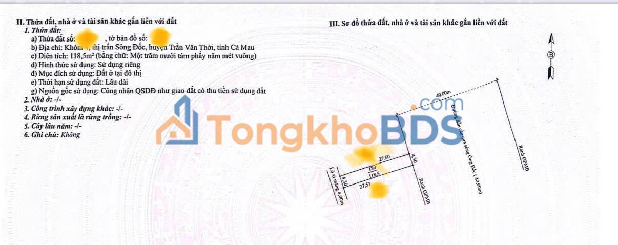 Bán Nền 2 Mặt Tiền Đường Cầu Sông Đốc, Cà Mau - 118m², Giá Thỏa Thuận