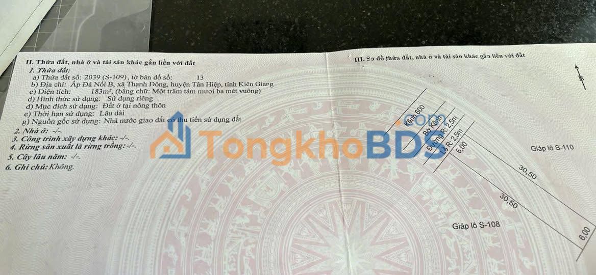 Bán Đất Nền Hòn Đất 183m² - Sổ Hồng Riêng - Giá 460 Triệu