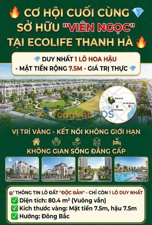Đất nền ECOLIFE Thanh Hà - Lô áp góc VIP 80.4m² giá tốt