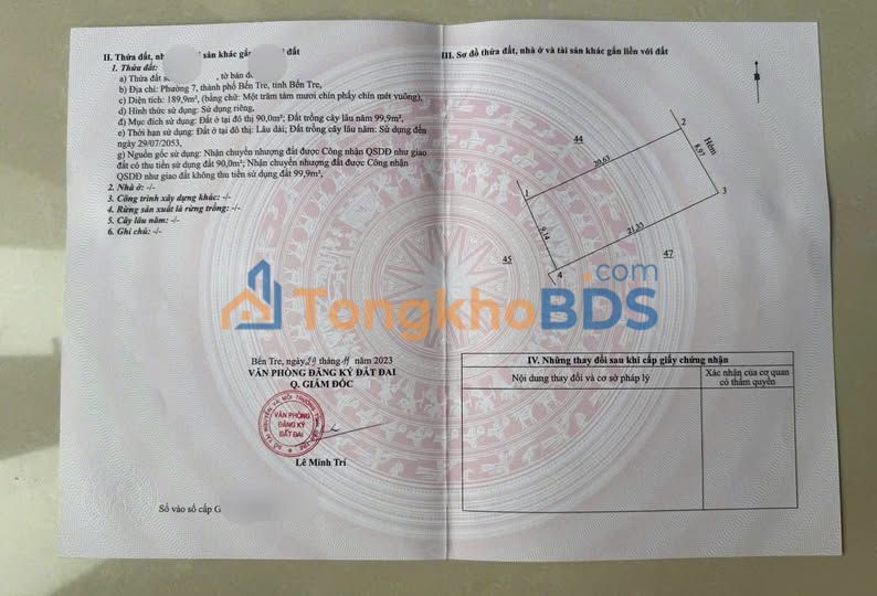 Bán Đất Phường 7 Bến Tre 186.5m² - Sổ Hồng Thổ Cư