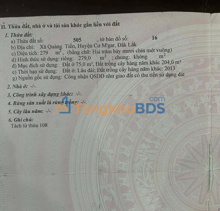 Đất nền Cư M'gar, Đắk Lắk - 279m² - Sổ TC - Giá 1.3 tỷ