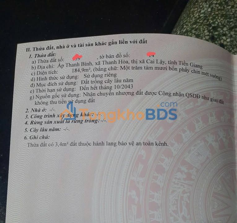 Bán gấp đất nền 190m² tại Cai Lậy, Tiền Giang - Vị trí đẹp, giá 350 triệu