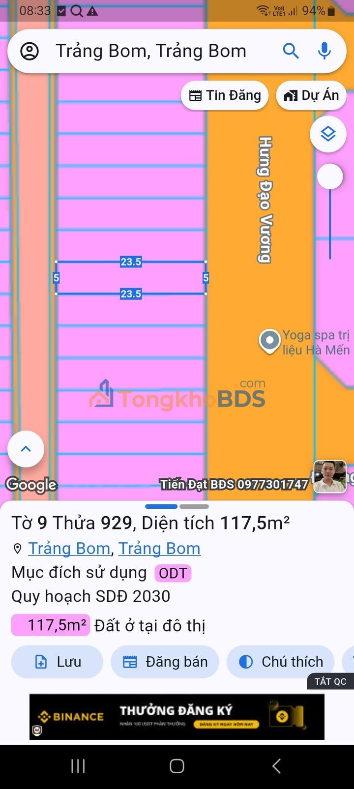 Đất Hưng Đạo Vương Trảng Bom 117m² Hướng Tây - Giá 2.25 Tỷ