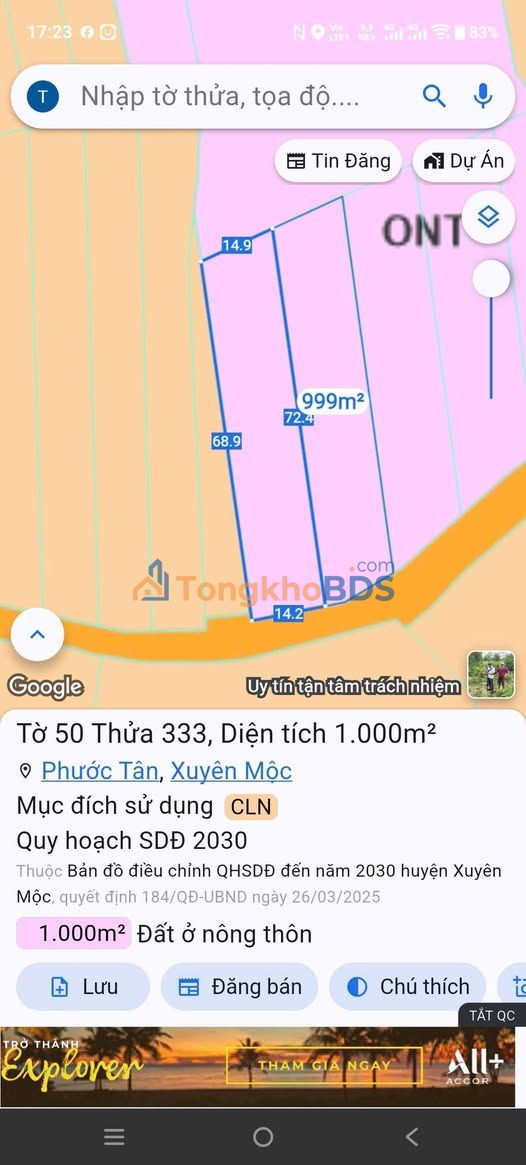 Đất Vàng 1000m² Xã Phước Tân, Xuyên Mộc - Sổ Hồng Thổ Cư, Giá 1.7 Tỷ TL