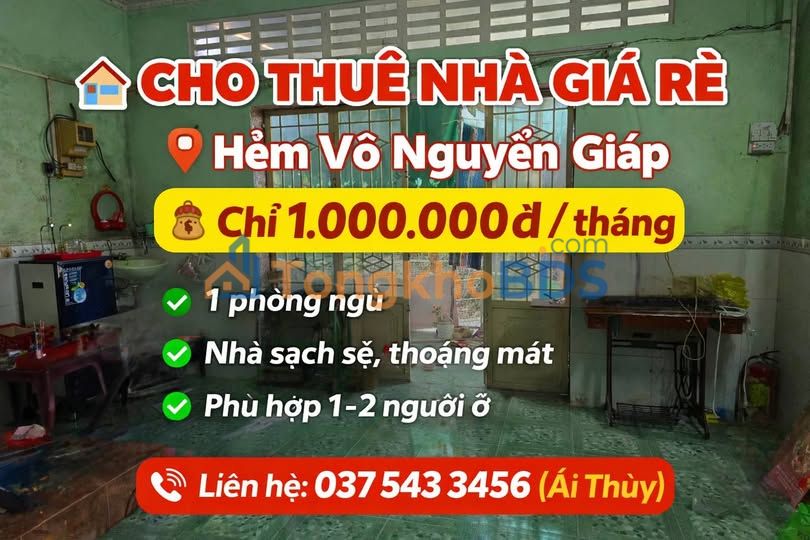 Cho thuê nhà hẻm Võ Nguyên Giáp, Vị Thanh - Giá 1 Triệu/Tháng