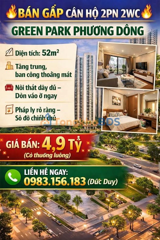 Chung cư Green Park Phương Đông 52m² giá 4.9 tỷ - Căn góc 2PN, Sổ đỏ chính chủ