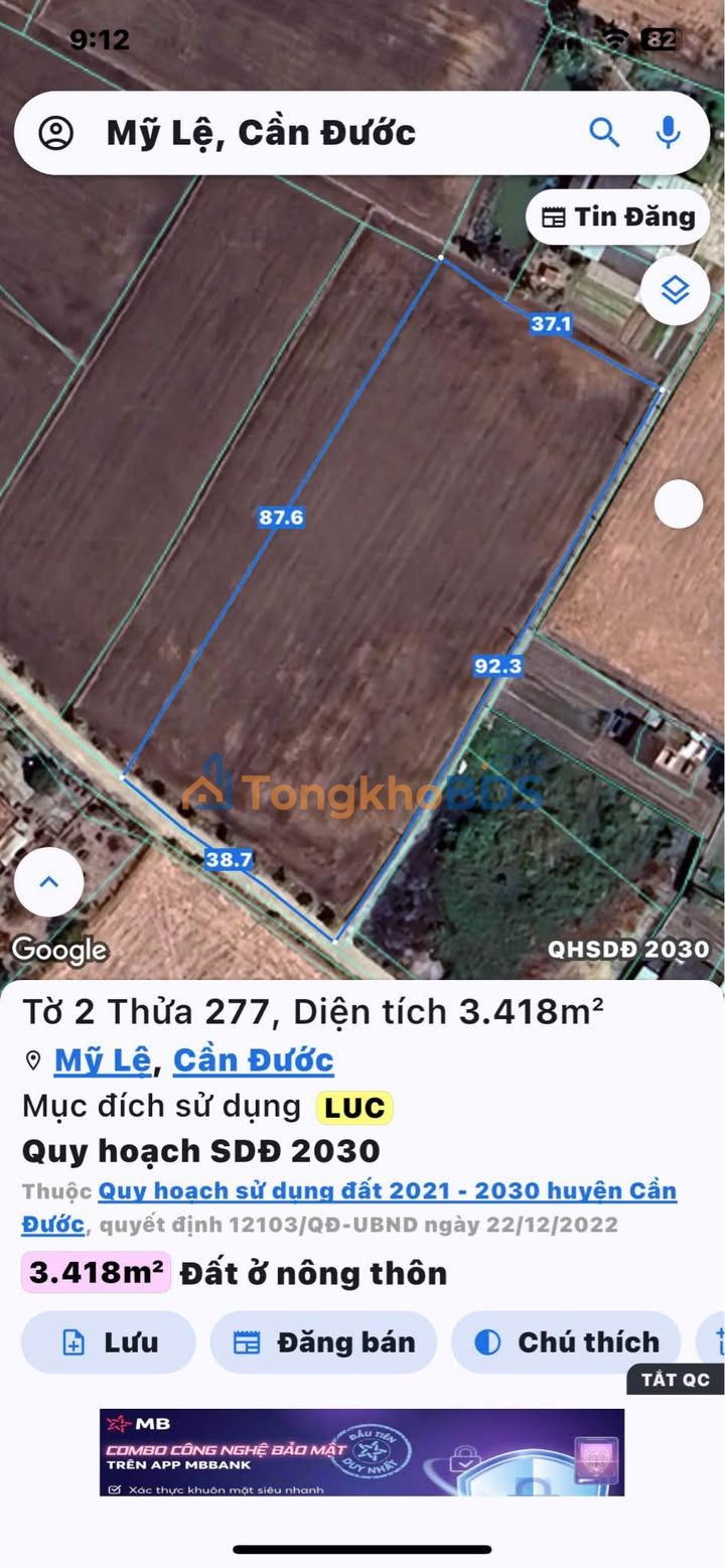 Đất Nền 3418m² Mỹ Lệ, Cần Đước - Hai Mặt Tiền Đường Bê Tông 6m, Giá 8.5 Tỷ