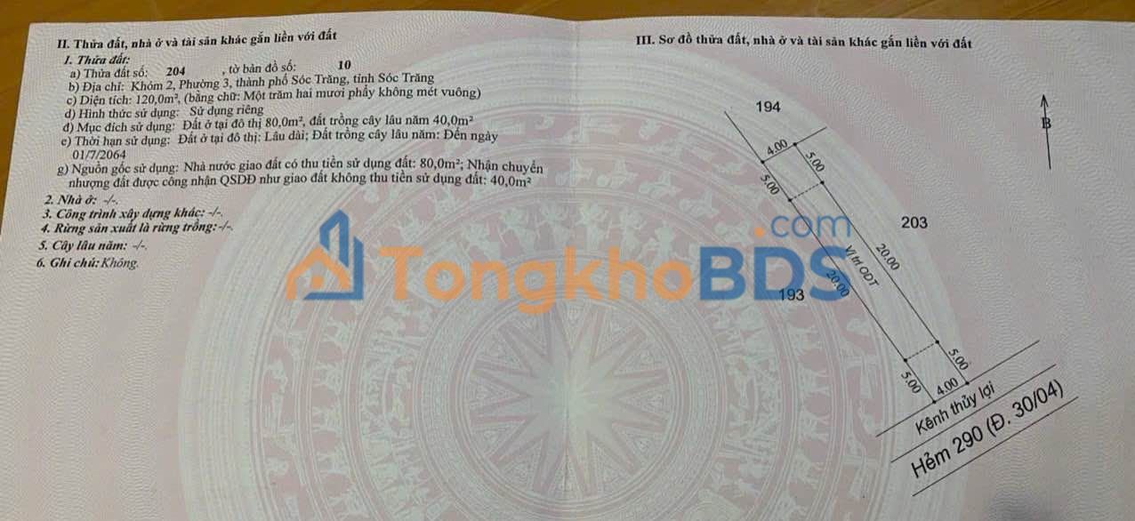 Bán đất hẻm 290 đường 30/4 Cần Thơ - 120m² thổ cư, giá 8xx triệu