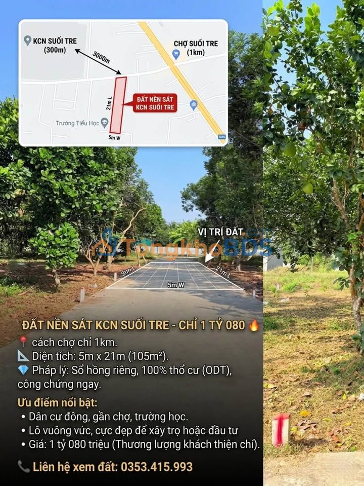 Đất Sổ Hồng Thổ Cư 105m² - Sát KCN Suối Tre, Bảo Lộc Giá 1.08 Tỷ