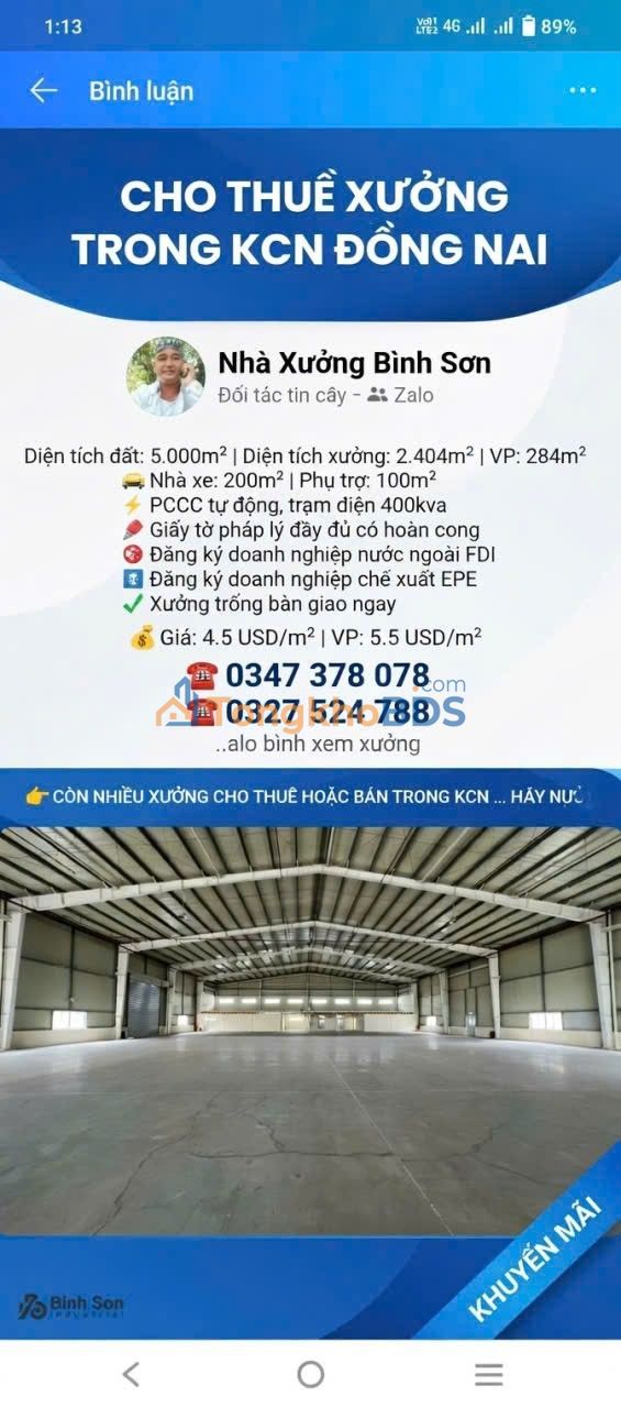 Xưởng KCN Đồng Nai 2404m² 259.632tr - Hoạt động ngay