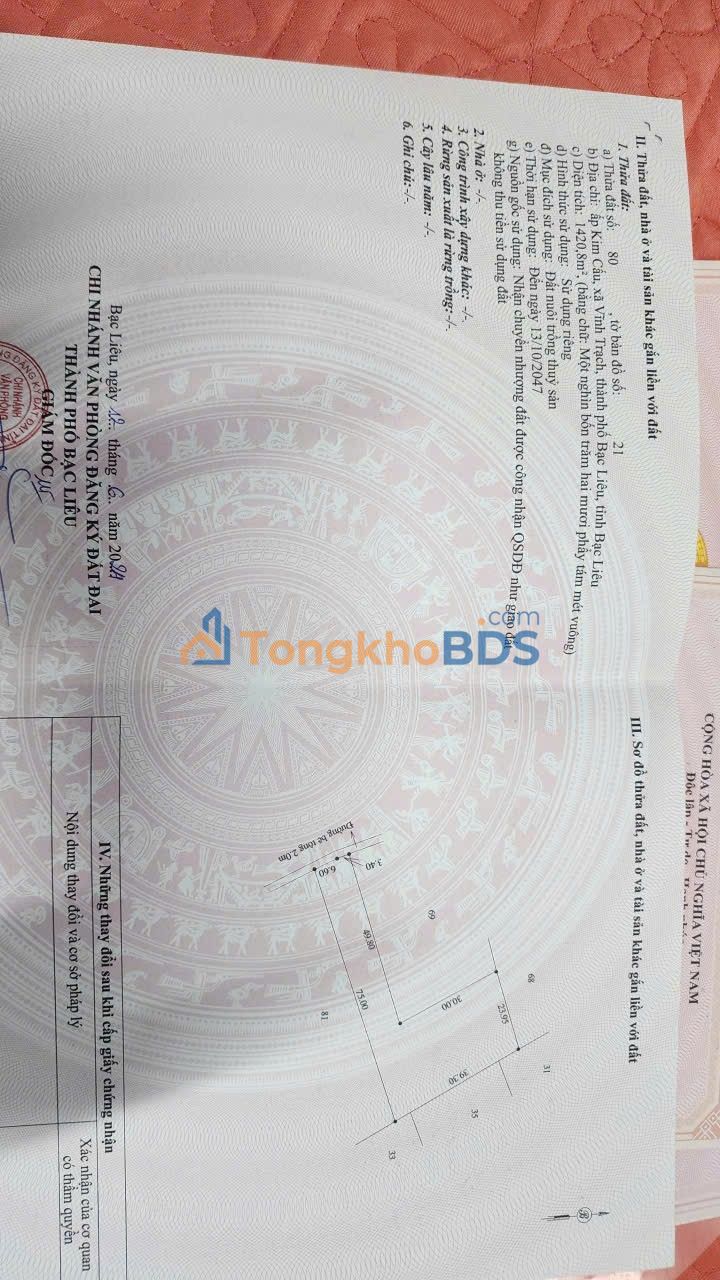 Đất Nền Vĩnh Trạch Bạc Liêu 1420m² - Sổ Đỏ Sẵn Sàng