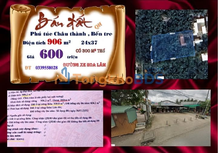 Bán đất 906m² Phú Túc, Bến Tre - Sổ hồng thổ cư, giá 600 triệu