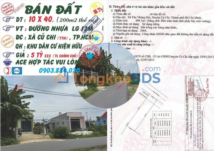 Bán Đất Mặt Tiền Củ Chi 400m² (200m² Thổ Cư) - Sổ Đỏ Chính Chủ