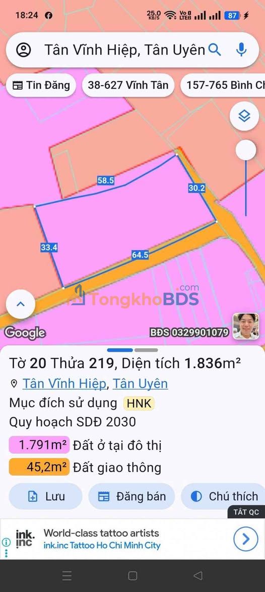 Đất Nền Tân Uyên 1836m² - Mặt Tiền 2 Lối, Sổ ODT, Giá 19 Tỷ