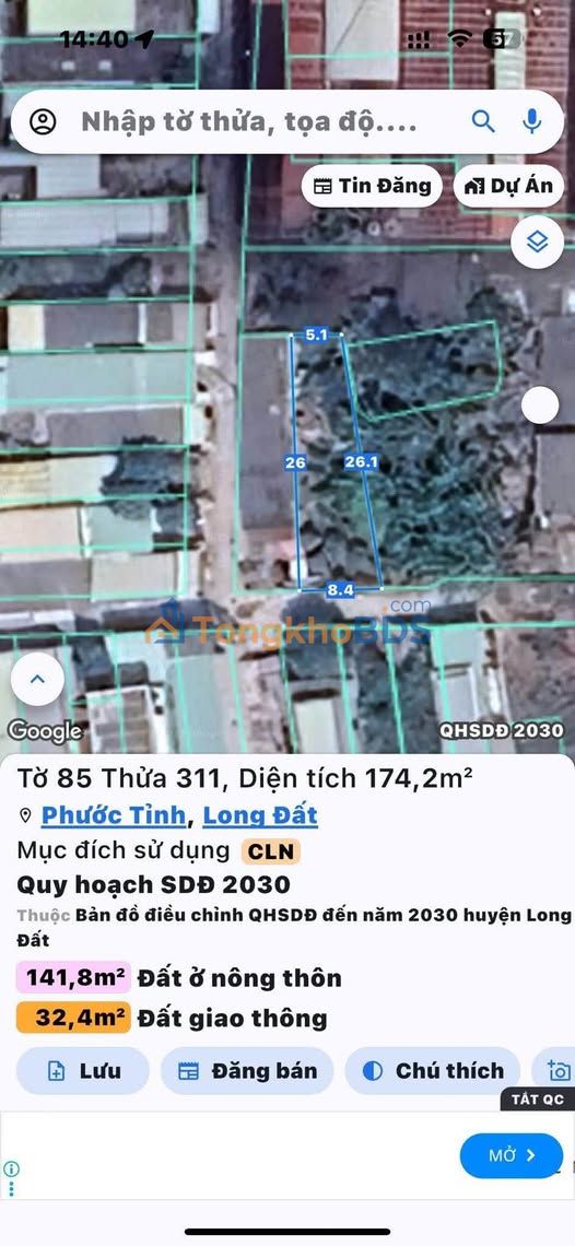 Bán Đất Long Đất 174m² - Sổ Hồng Riêng, Mặt Tiền Rộng Kinh Doanh