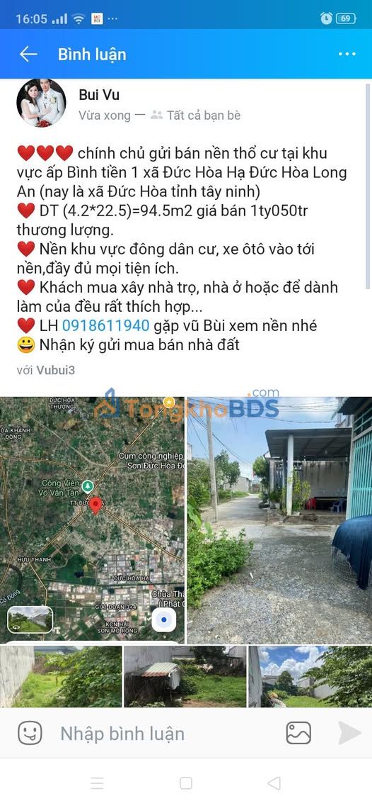 Bán Đất Thổ Cư Đức Hòa Long An 94.5m² - Sổ Đỏ Sẵn, Giá 1.05 Tỷ