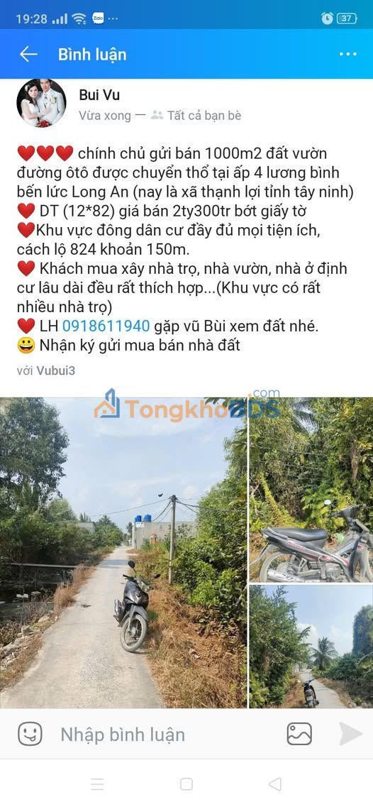 Đất Vườn 1000m² Thạnh Lợi, Bến Lức - Sổ Hồng Thổ Cư, Giá 2.3 Tỷ