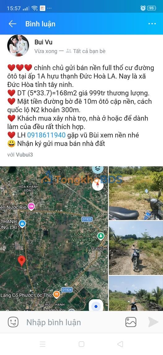 Đất nền Full Thổ Cư 168m² Mặt Tiền Đường Bờ Đê Đức Hòa - Giá 999 Triệu