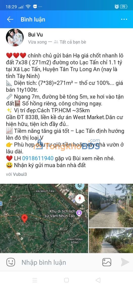 Đất Nền Lạc Tấn Long An 271m² - Sổ Hồng Riêng, Giá 1.1 Tỷ